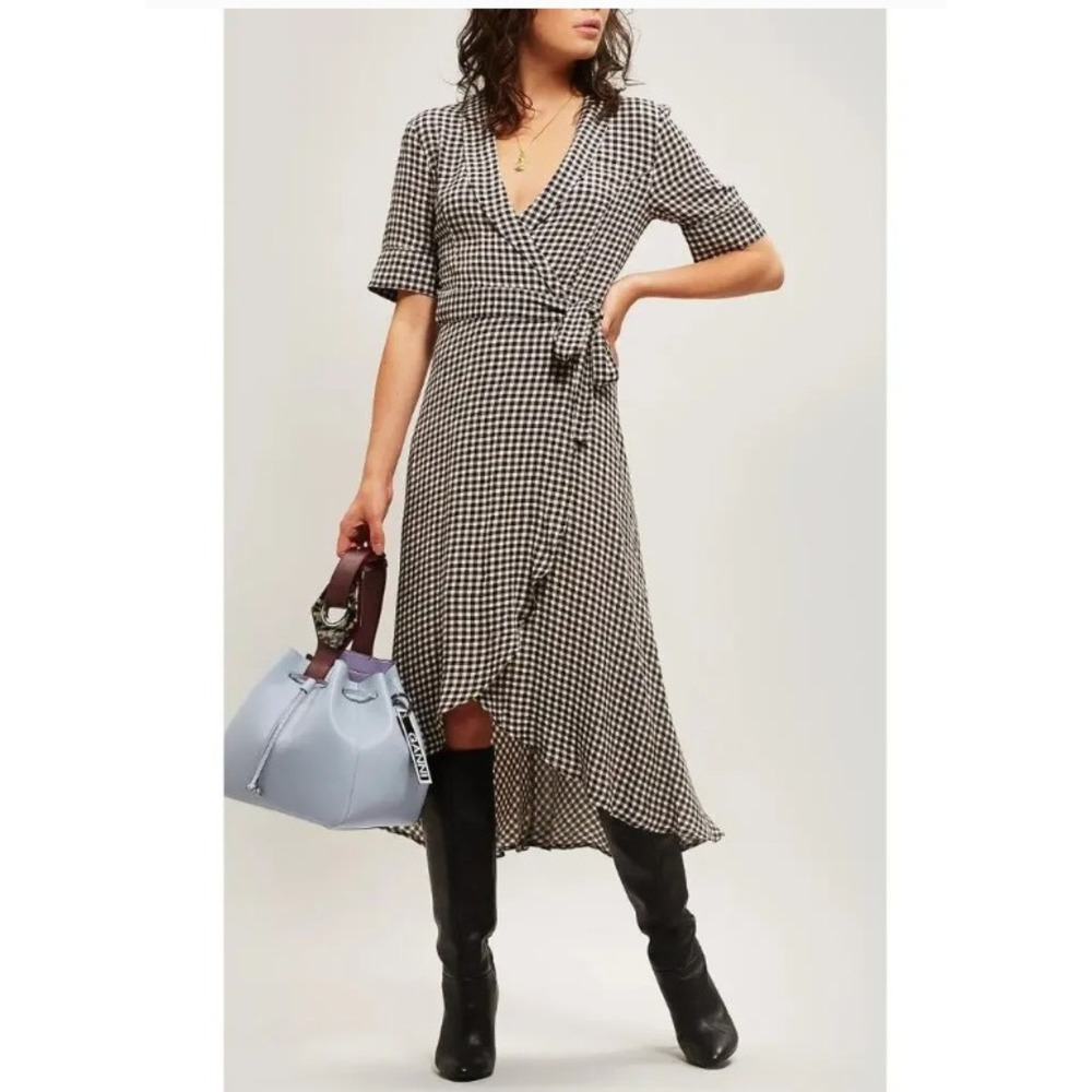 GANNI Gingham Check‎ Ruffle Midi Wrap Dress Cottagecore Minimalist Size 36 Small